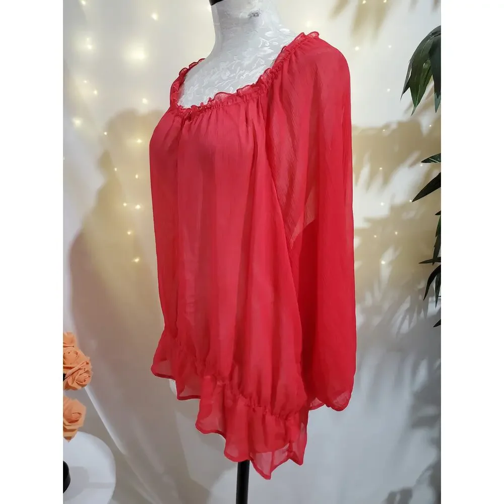 Old Navy Sheer Ruffle Chiffon Puff Sleeve Peasant Blouse Womens Size XXL Pink
